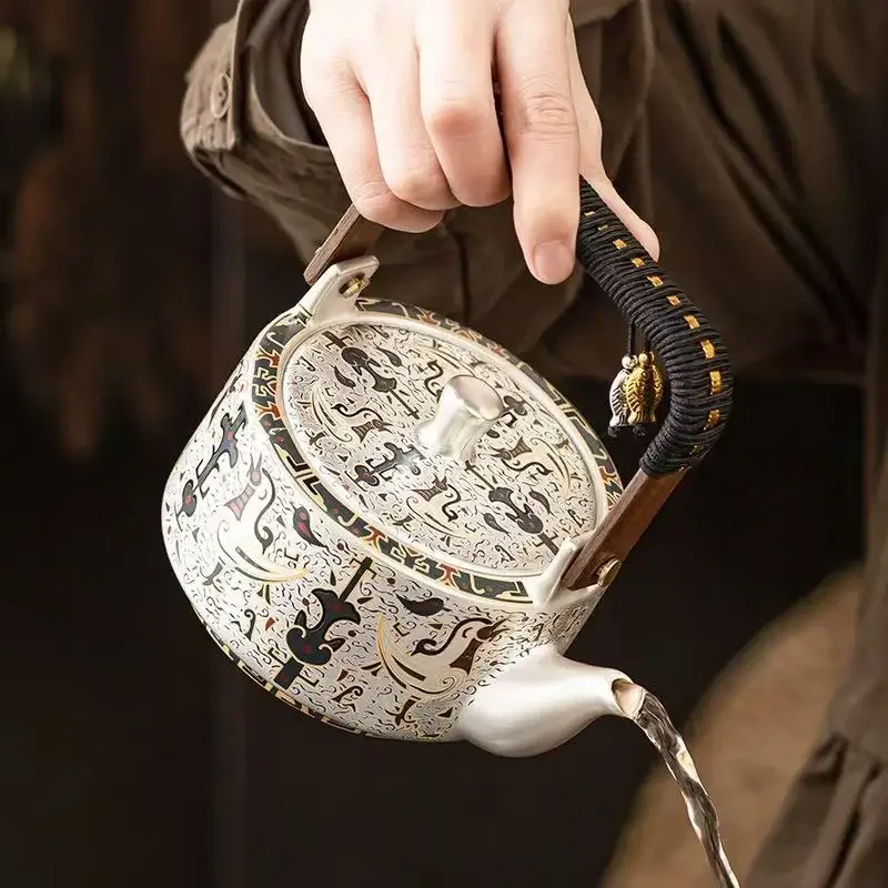 300ML Hand-painted 999 Silver Teapot To Make Tea Household Phoenix Bird Fragrant Pattern Slipping Beam Pot Light Luxury Tea Set