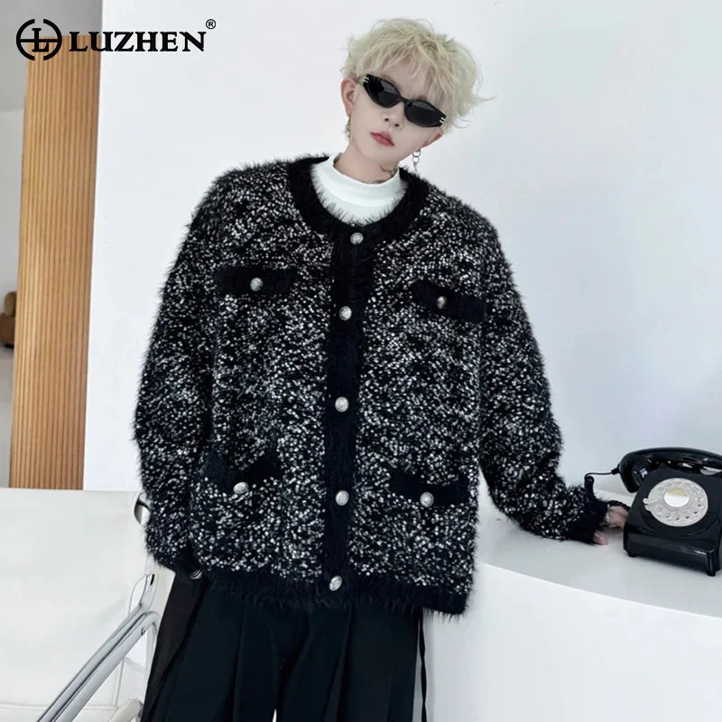 

LUZHEN вязаный 2024, маленький ароматный стиль, мужской кардиган с круглым вырезом, толстый свитер, нишевый дизайн, повседневная корейская новая одежда JY4677