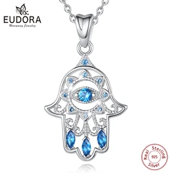 EUDORA 925 Sterling Silver Evil Eye Hamsa Hand Pendant Necklace Blue Bink Crystal Fine Fatima Jewelry for Women Birthday Gift
