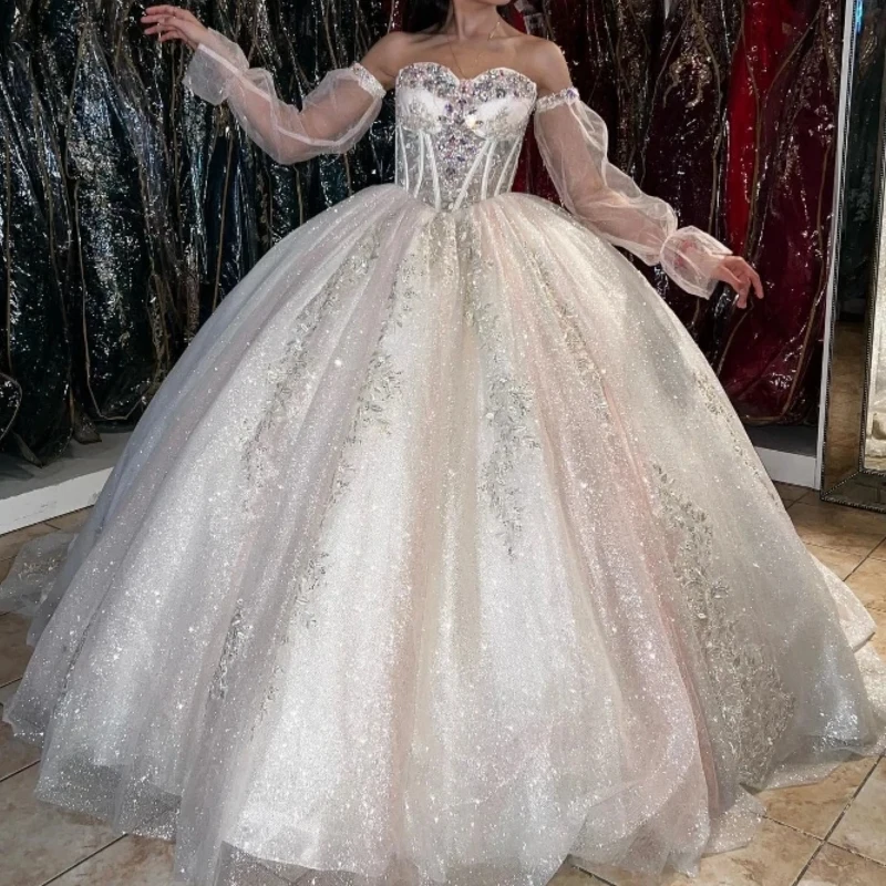 

Sexy Sweetheart Ball Gown Quinceanera Dresses Long Sleeved Beading Crystal Lace Cinderella Princess Birthday Party Vestidos De