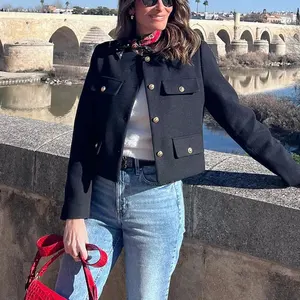 TRAFZA-نسائي أنيق جاكيت قصير كم طويل معطف رقبة نسائي كاجوال بلايز جيب فليب موضة 2024 أفضل 12 معاطف نسائية مبيعة - No8