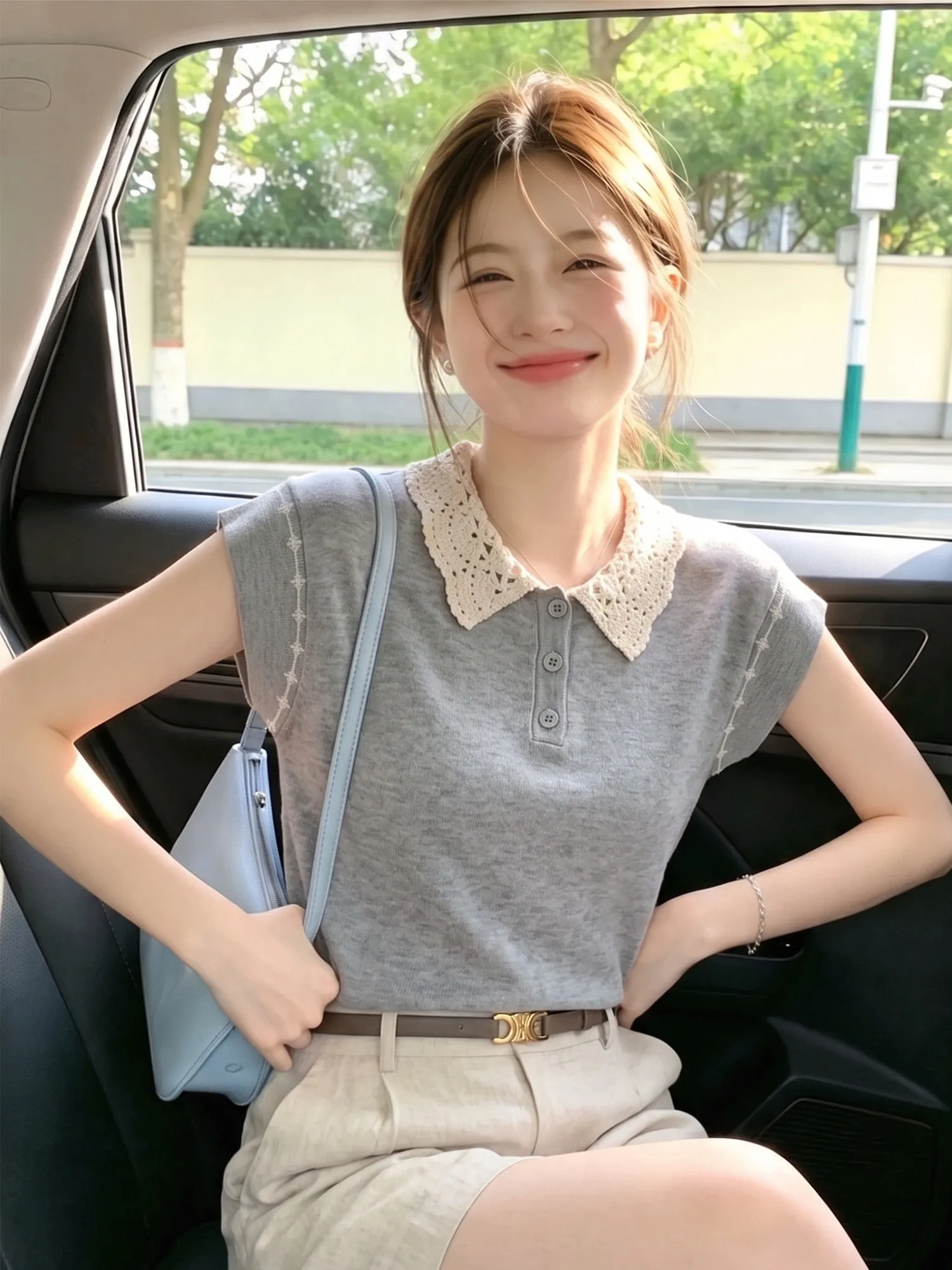 Lace Collar Knitted Short Sleeve T-Shirt Women's Summer New Style High-End Feelings Little Flying Sleeve Top Unique And Delicate
