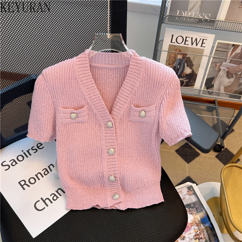 2024 Summer Knitted Cardigan Women Vintage V-Neck Single Breasted Short Sleeve Sweater Knit T-Shirt Crop Tops Y2K Sexy Slim Tees