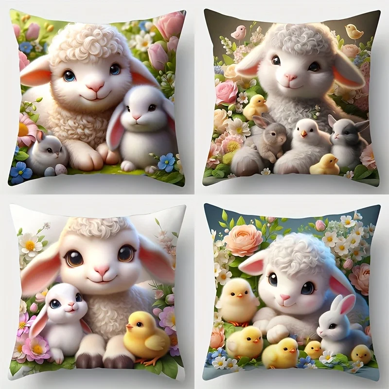 4Pcs Lamb Pillow Covers 45x45cm Double-sided Printed Cute Sheep Chick Rabbit Cushion Cases Easter Home Decor No Insert