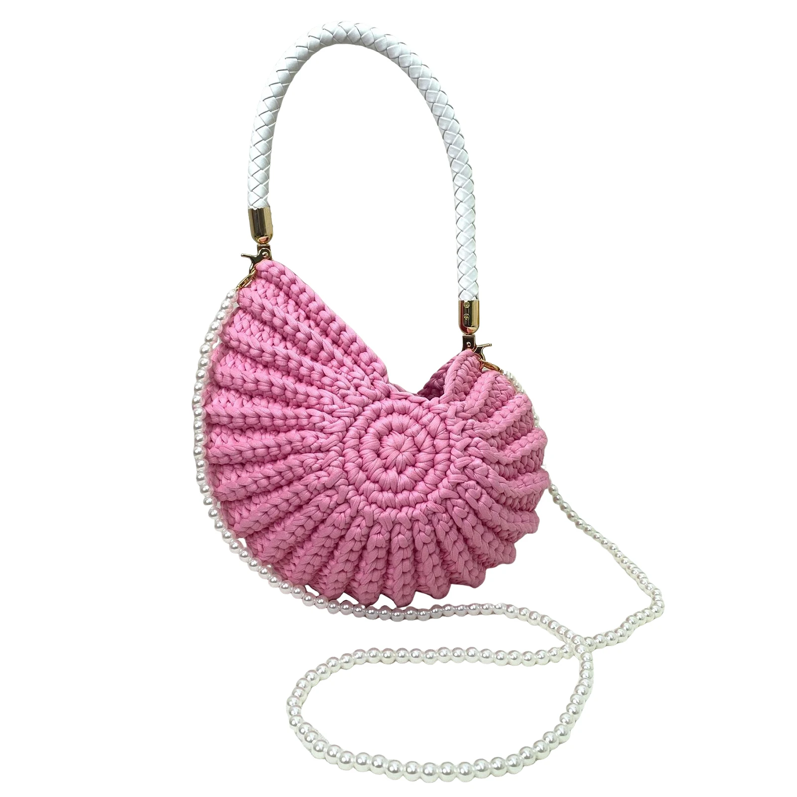 Women PU Bohemia Crochet Seashell Sling Bag with Pearl Chain Summer Beach Crossbody Bag Large Capacity Boho Evening Clutch view 6