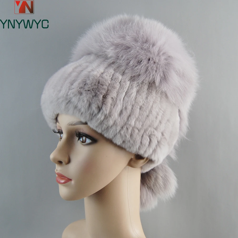 

Russia Girls Natural Real Rex Rabbit Fur Skullies Cap Knit Winter Real Fur Hats New Style Women Real Genuine Fox Fur Beanies Hat