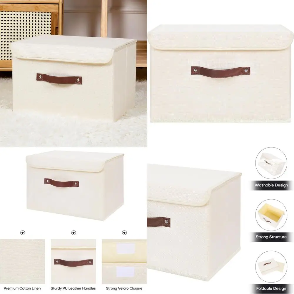 

Large Beige Foldable Storage Boxes with PU Leather Handles and Cotton Linen Fabric Lids for Home Organization