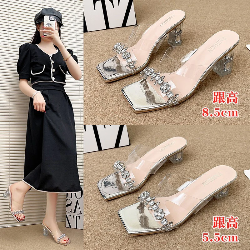 

Лето 2023, модные прозрачные сексуальные женские шлепанцы с круглым носком и открытым носком, новые женские босоножки на высоком каблуке с кристаллами