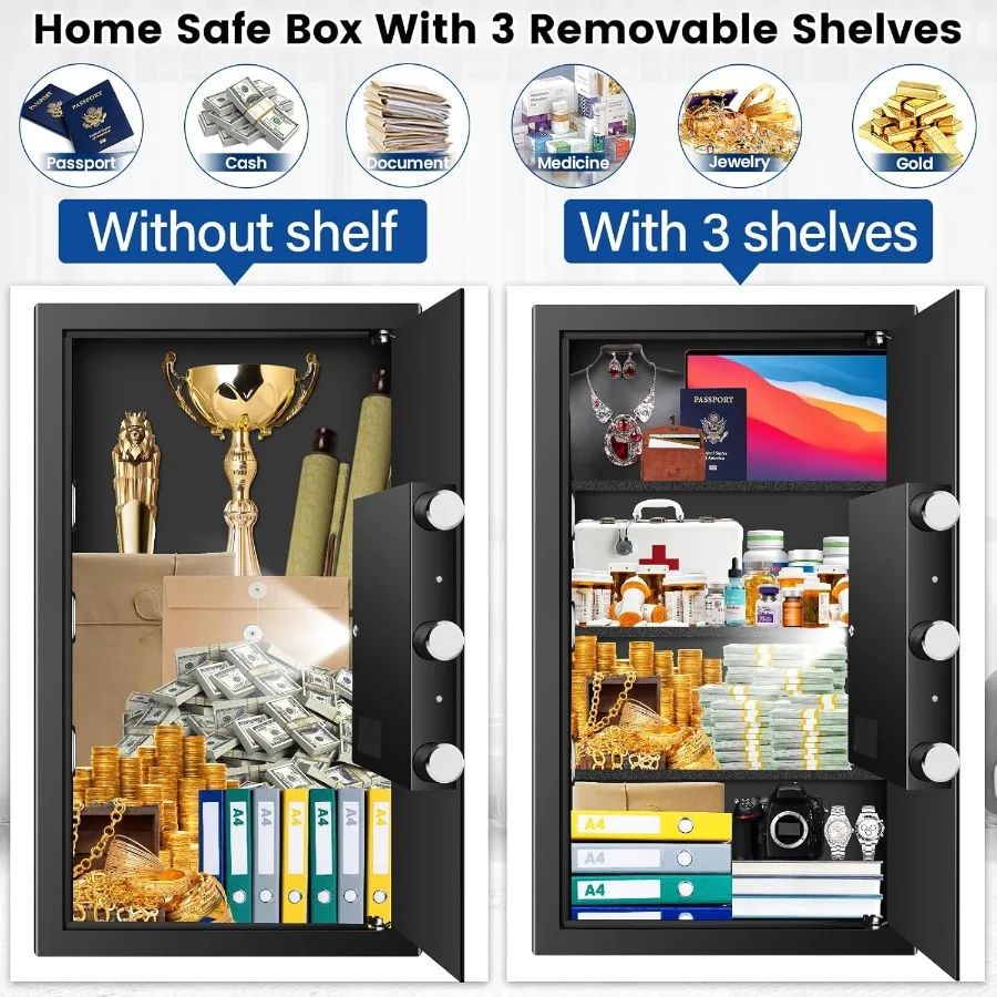 Large Home Safe Box Fireproof Waterproof with A4 Fireproof Bag and Backlit Keypad 5.6 Cu Ft Antitheft Fireproof Safe with 3 Rem