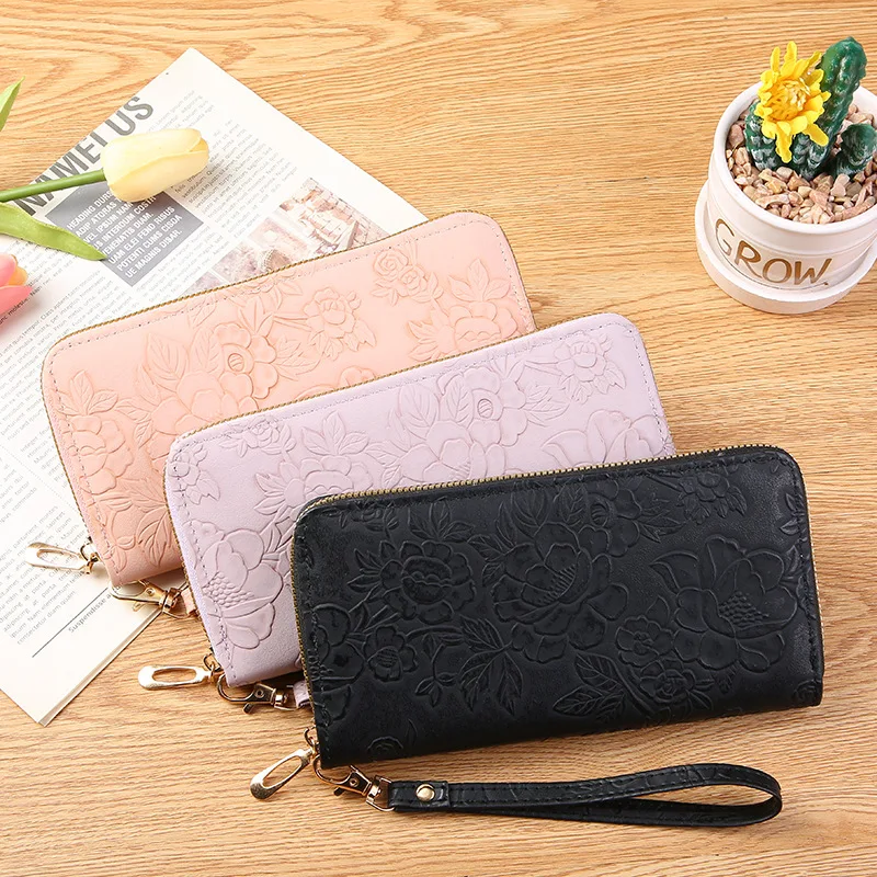 Monedero largo con cremallera para mujer, Cartera de teléfono agrandada para mujer, diseño en relieve, bolso de dinero minimalista a la moda, monederos de cuero para mujer