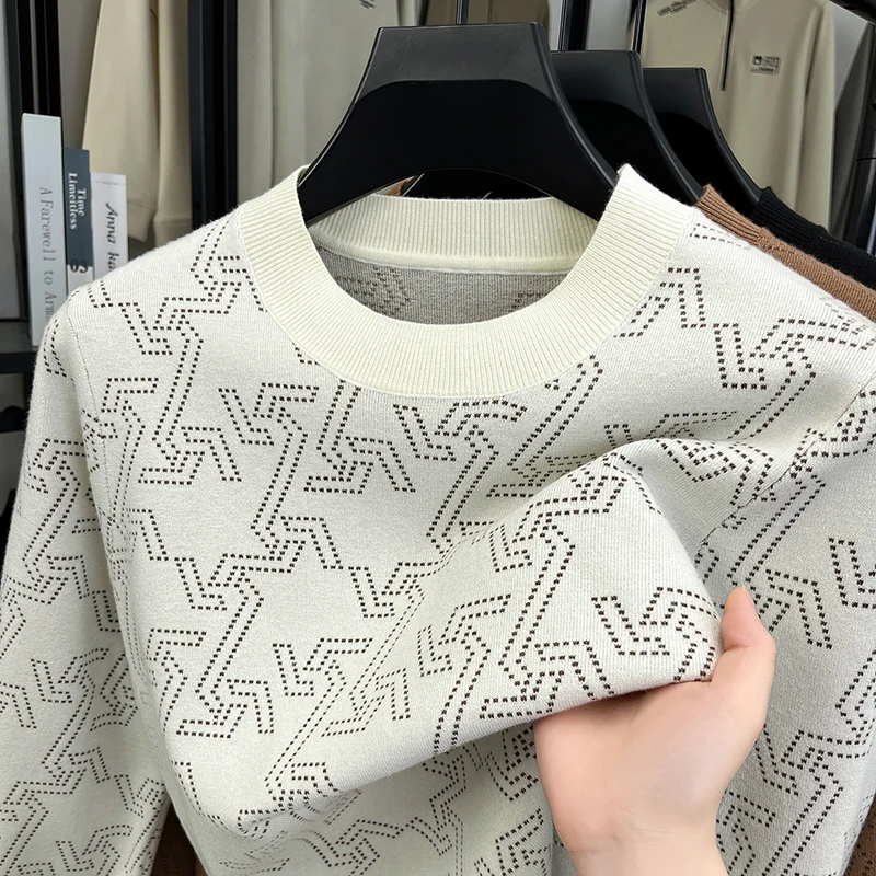 Men's Luxury Knitted Sweater Round Neck Long Sleeve Geometric Pattern Anti Pilling Pullover Autumn Winter Fashion Casual Men's