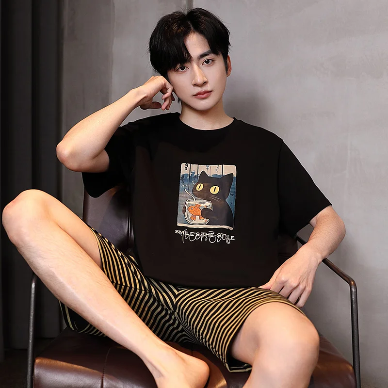 

Men's Pajamas Short-Sleeved tops Shorts cartoon Sleepwear Loungewear Students Two-Piece Striped Solid Youth Nightwear Homewear