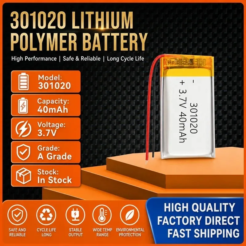 100pcs 301020 Polymer Lithium Battery 40mAh Rechargeable for Hearing Aids Voice Recorder Bracelet Customizable Li-ion Cell