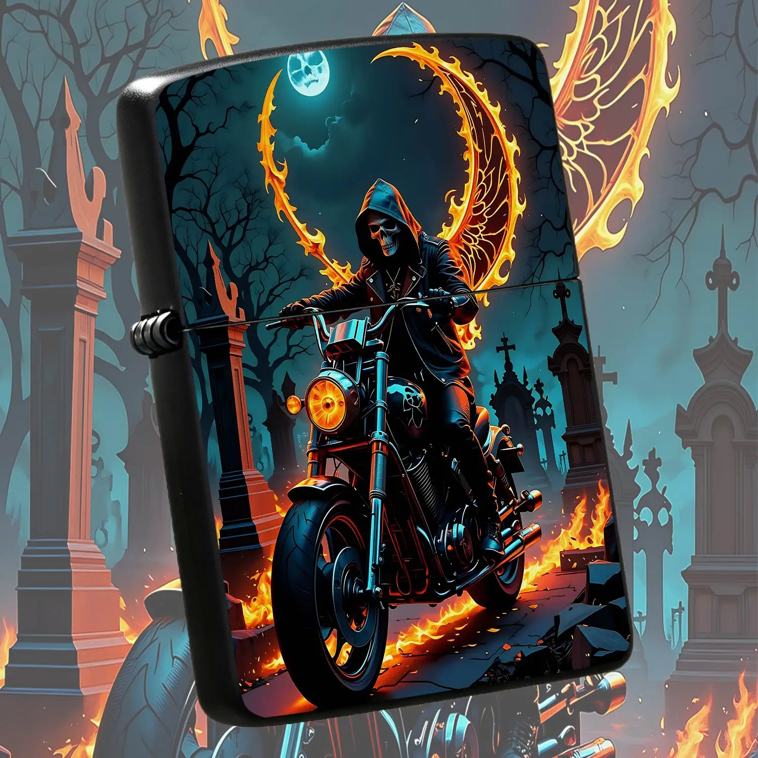 Cool Skeleton Biker Lighter Spooky Graveyardwing Pattern Unique Halloween Themed Portable Accessory Perfect For Daily Carrying Outdoor Trips Birthday Gift Party Favor Novelty Decorative Item For All Occasions Gothic Sty A Humorous And Inter