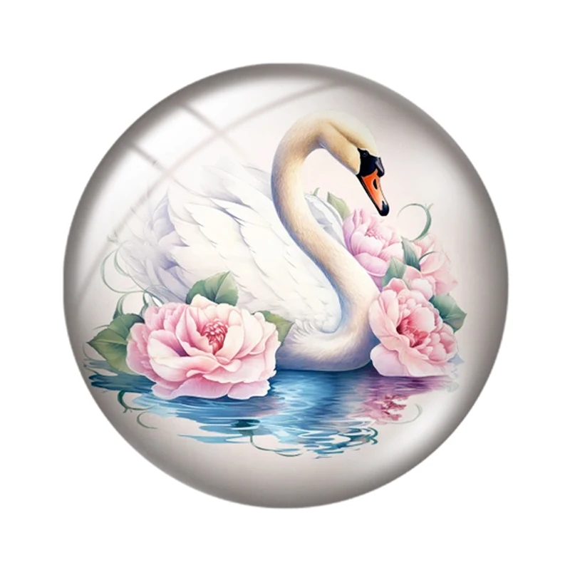 White swan birds love flowers 10pcs mixed 12mm/18mm/20mm/25mm Round photo glass cabochon demo flat back Making findings