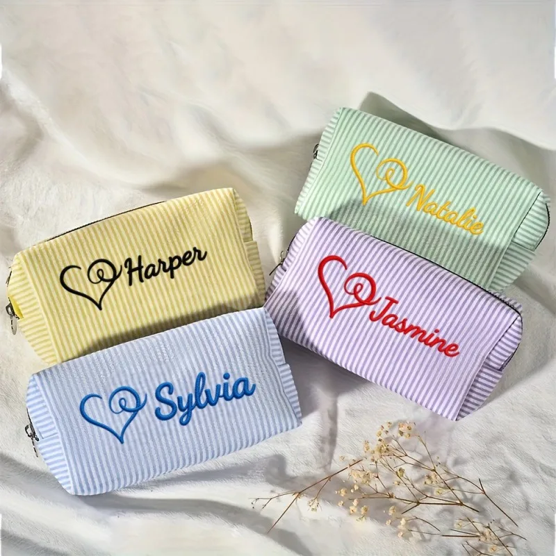 Customized Embroidered Personalized Striped Bag with Name--Portable Multi-Layered Makeup Storage Bag, Travel Portable Women's Toiletries Organizer Bag