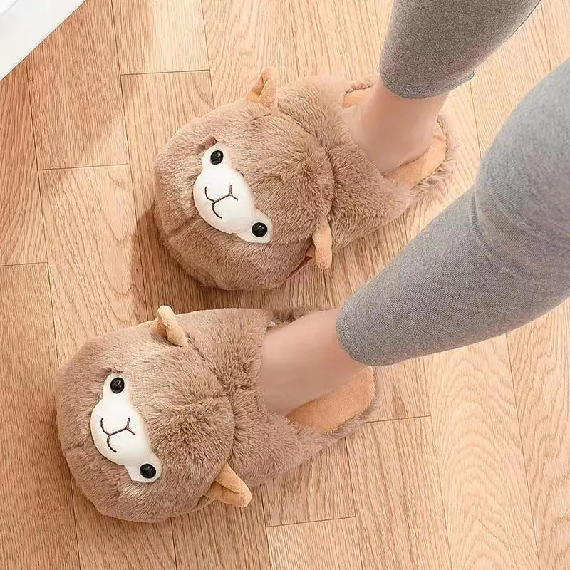 Winter House Warm Plush Alpaca Cozy Shoes Unisex Furry  Cotton Slippers Lovely Creative Cartoon Indoor Soft Slides One Size