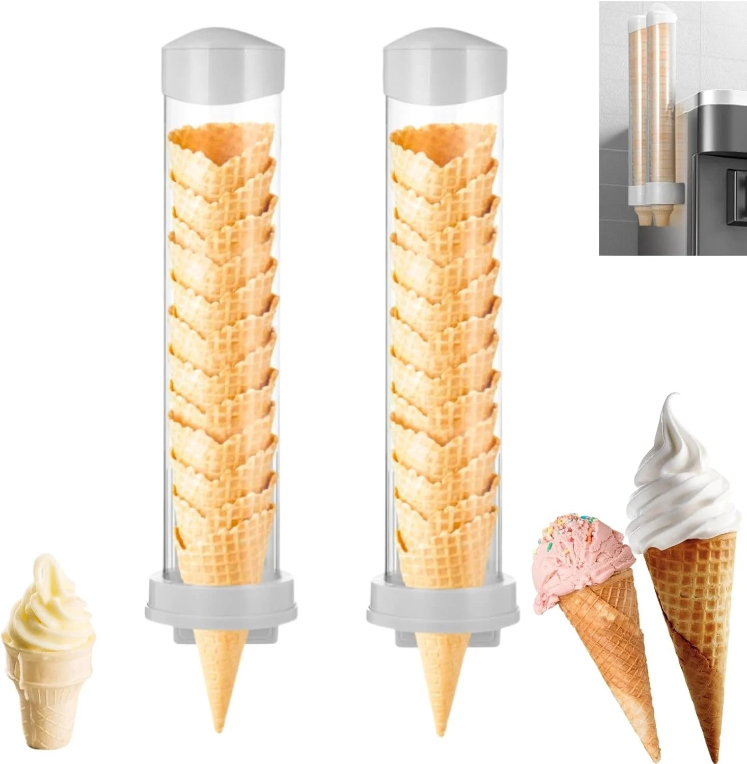 bangminda 2 Pcs Ice Cream Cone Dispenser Waffle Cones Holder Wall Mount Cone Holder with 2 gaskets, 16’’L x 3’’ Dia Cone Sle