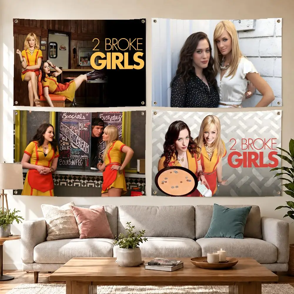Funny Show 2 Broke Girls Flags Concert Print Wall Hanging Art Banner, Indoor Outdoor Bedroom Home Decor Backdrop, Perfect Gift
