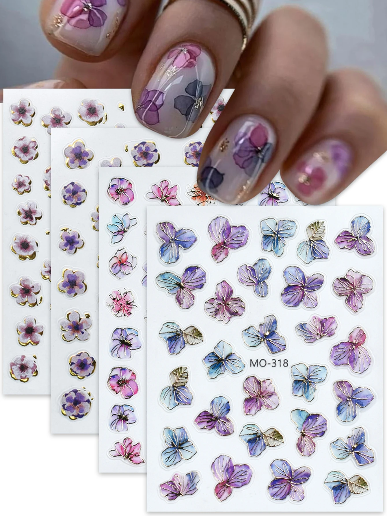 2/4 Blatt florale Nagelaufkleber, 5D-lila Blumen-Designs, selbstklebende Nagelkunst-Abziehbilder für DIY-Maniküre-Dekoration