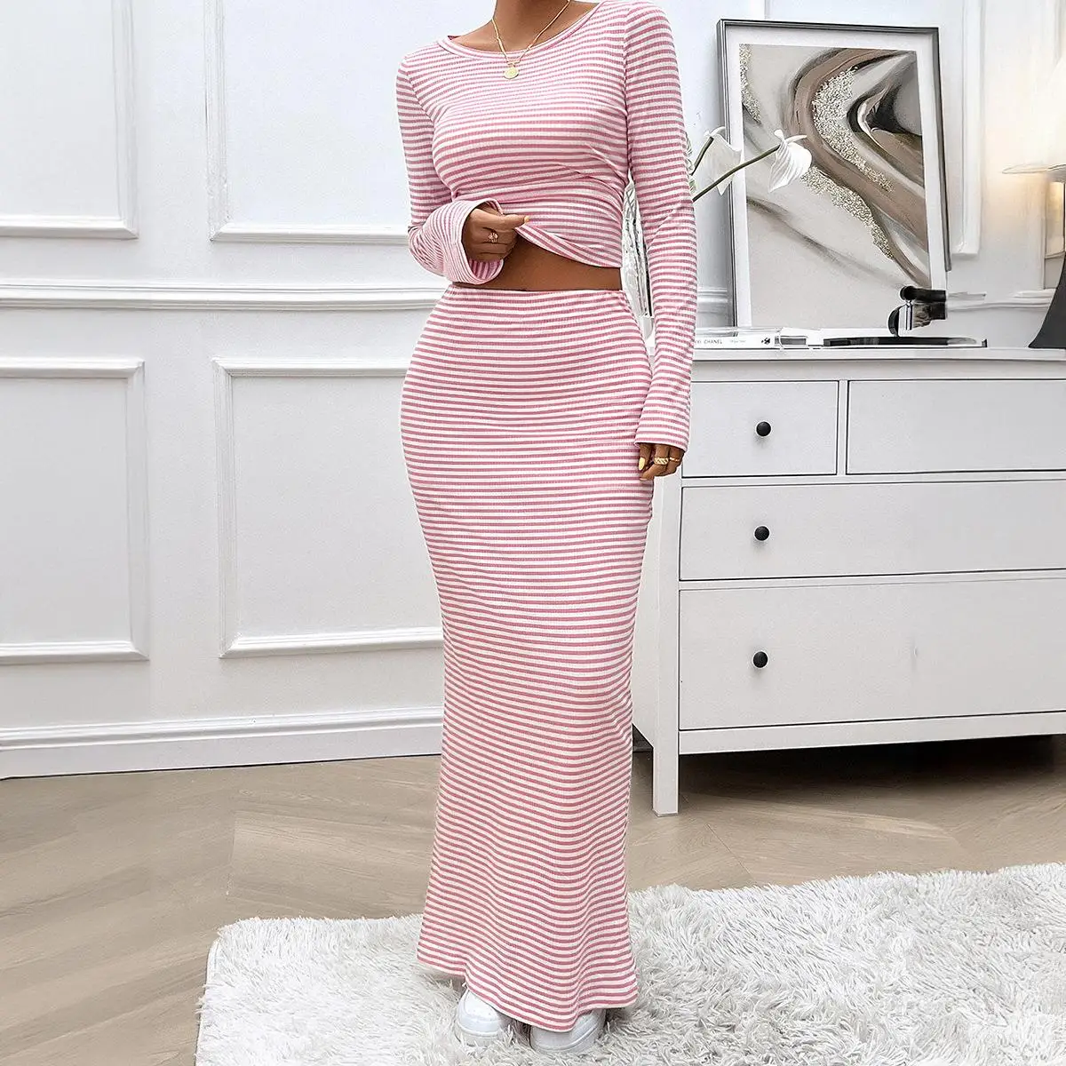 Diyun Y2K Pittig Meisje Streep T-shirt En Rok Set Vrouwen Faion Lente Zomer Casual Sle Lange Sve Tee stuk Pak