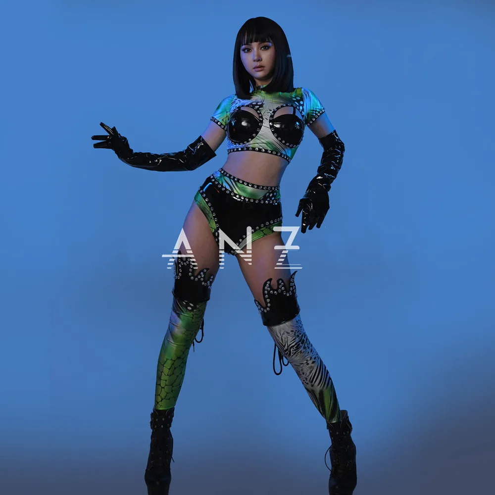 Bikini con cristales de leopardo para mujer, guantes de cuero, cubierta para pierna, ropa de actuación, disfraz de Drag Queen, bailarina, equipo de Jazz, ropa de escenario
