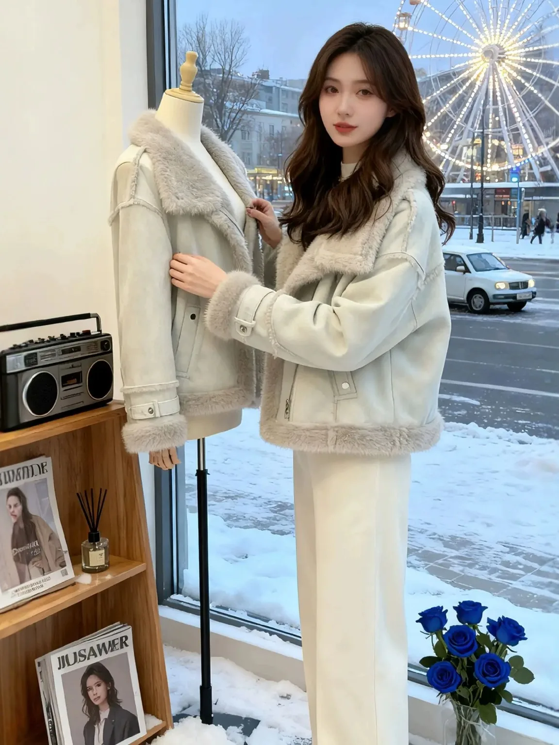 

Sli Fce Lined Leather And Fur Jaet Women's plus Size Winter Coat ort Biker Sle Cotton Padded Warm Gentlemanly