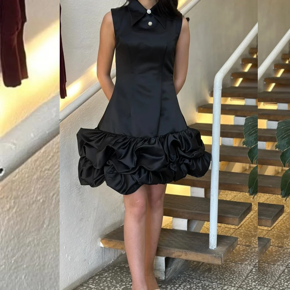 

Customized Exquisite Charmeuse Button Pleat A-line High Collar Knee Length Dresses Bespoke Occasion Fashion