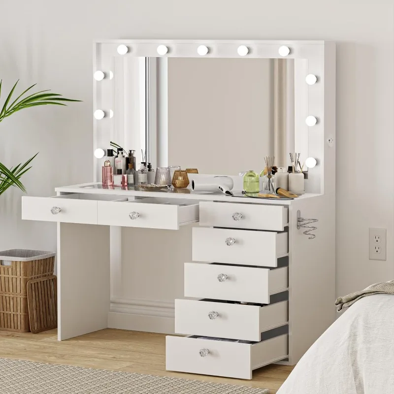 Serena LARGE Makeup Vanity with Lights Built-in,7 Drawers,Mirror,Hairdryer Hanger,Glass Top,Crystal Ball Knobs,58''Hx47''Wx17''D