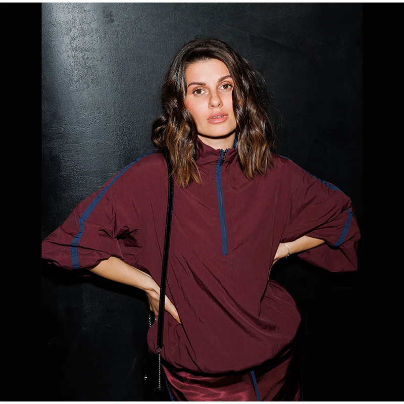 Halb-Reißverschluss Oversize-Mäntel für Damen, Street-Style Stehkragen, Laternenärmel, Paneelierte Lose Passende Jacken, Schicke Damen-Oberbekleidung – Detail 1