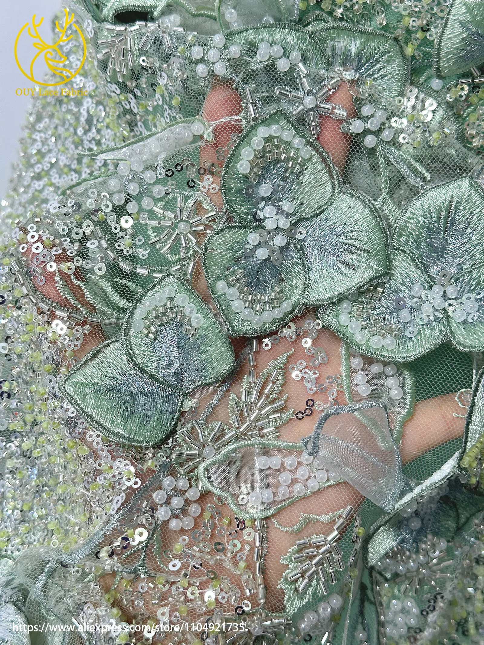 Französischer Luxus 3D-Blumen-Stickerei-Spitzenstoff 2026 Afrika Nigeria Pailletten-Perlen-Spitzenstoff für Braut-Hochzeitskleid Nähen – Detail 9