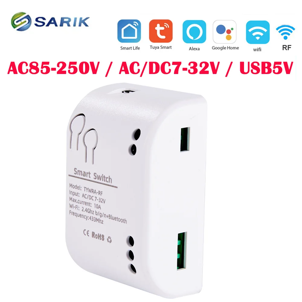 

WiFi Tuya Smart 1CH Switch 220V 10A Relay Module APP Remote Control USB 5V 12V 24V 220V 85-250V RF433 Receiver Google Home Alexa
