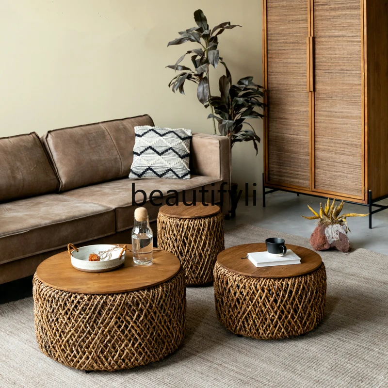 Imported handmade rattan woven coffee table combination round living room can store South East Asia style teak furniture