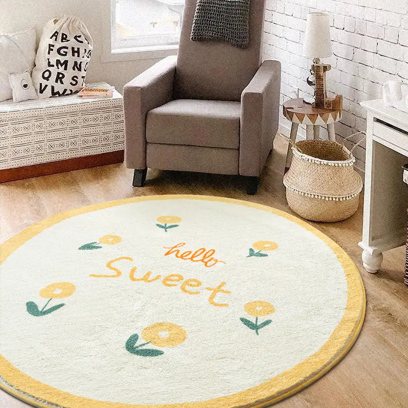Round Rug Non Slip Soft Floor Mat Sweet Letter Heart Polka Dot Rainbow Floral Print Decor Carpet for Bedroom Living Room Indoor