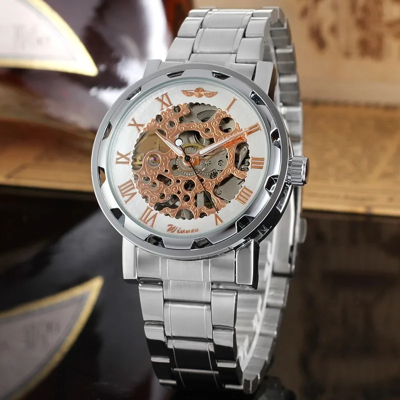Winner Automatic self wind Watch Mens Mechanical skeleton white golden full Steel band watch