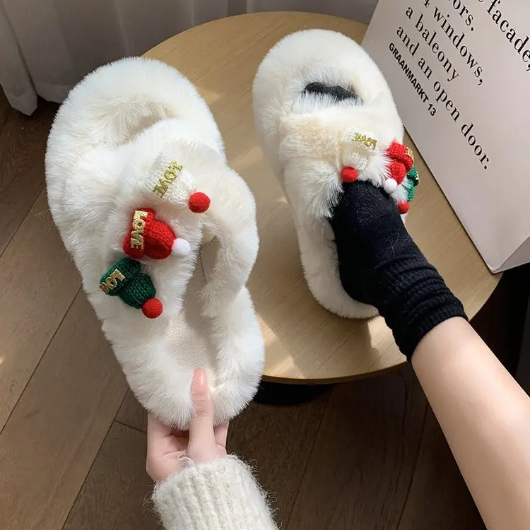 Winter Christmas Women Furry Slippers Soft Plush Floor Shoes Ladie Cute Indoor Cross Fluffy Slippers Flip Flop House Slides