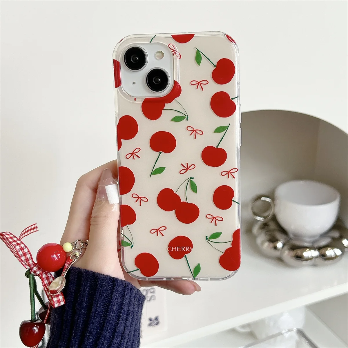 Bonito dos desenhos animados coreano cereja arco caso para iphone 16 15 14 13 pro max adorável escudo protetor capa traseira funda menina para iphone 16