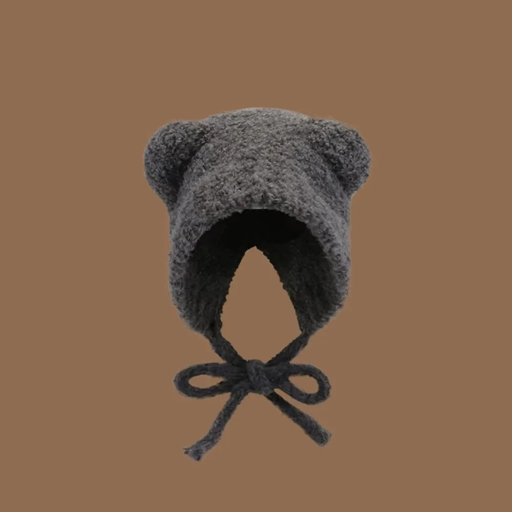 Fashion Y2k Bear Ear Wool Hat Ear Protection With Rope Beanies Cap Warm Lace up Knitted Bomber Cap
