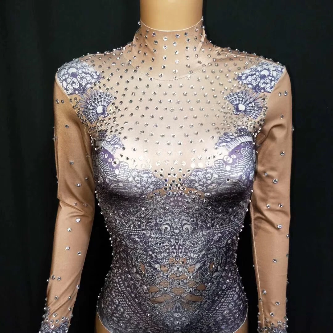 Sparkling Rhinestones 3D Print Leotard Long Sleeve Purple Women Bodysuits Pole Dancing Costumes Nightclub Singer Stage Wear