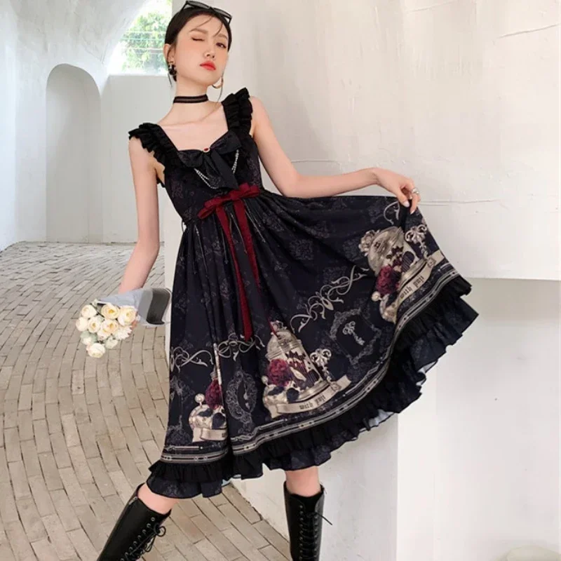 

Japanese Gothic Lolita Style Jsk Dress Girls Victorian Retro Nightingale Rose Sling Dresses Women Mesh Patchwork Kawaii Vestidos