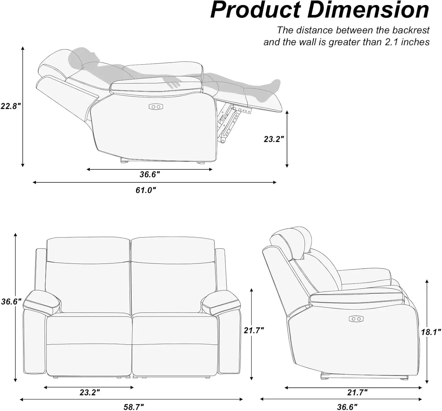 Belffin Sofá reclinable de gran potencia para adultos, asientos para cine en casa, cómodo sofá reclinable, gris claro.