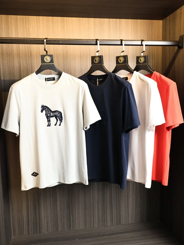 High-End 3D Embroidery  Thread Summer Men's  Color Loose Fit round Neck Short Sleeve T-Shirt Fashion Urban Style