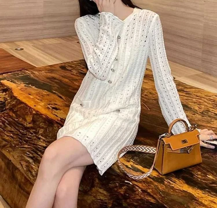 Hollow-out Stacked Knitted Skirt Spring and Autumn Wear High-end Temperament Fashionable Commuter White Backing Dress
