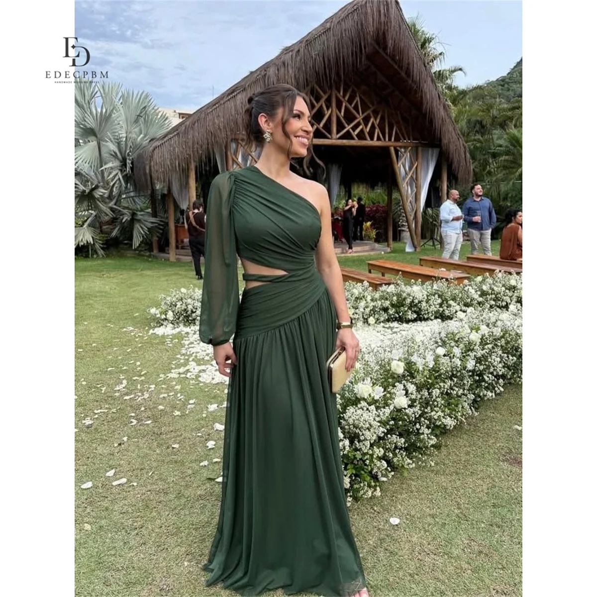EDECPBM Green Wedding Guest Dress A-Line One Shoulder Draped Floor Length Formal Ceremony Reception Outfit Custom Fit Customized