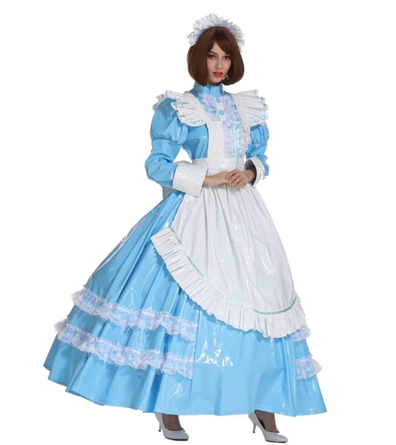 

Sissy Girl French Maid Lockable PVC Baby Blue Female Accent Adult Giant Baby Little Girl Long Dress Cross Dresser Party Role