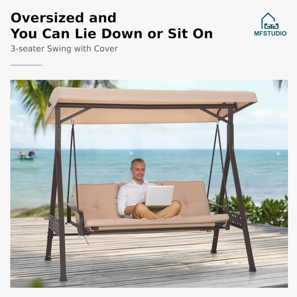 3 Person Patio Porch Swing with Canopy and Cushions, 2 in 1 Convertible Outdoor Bed Swing with Cupholders, 3-Seat Outdoor Canopy