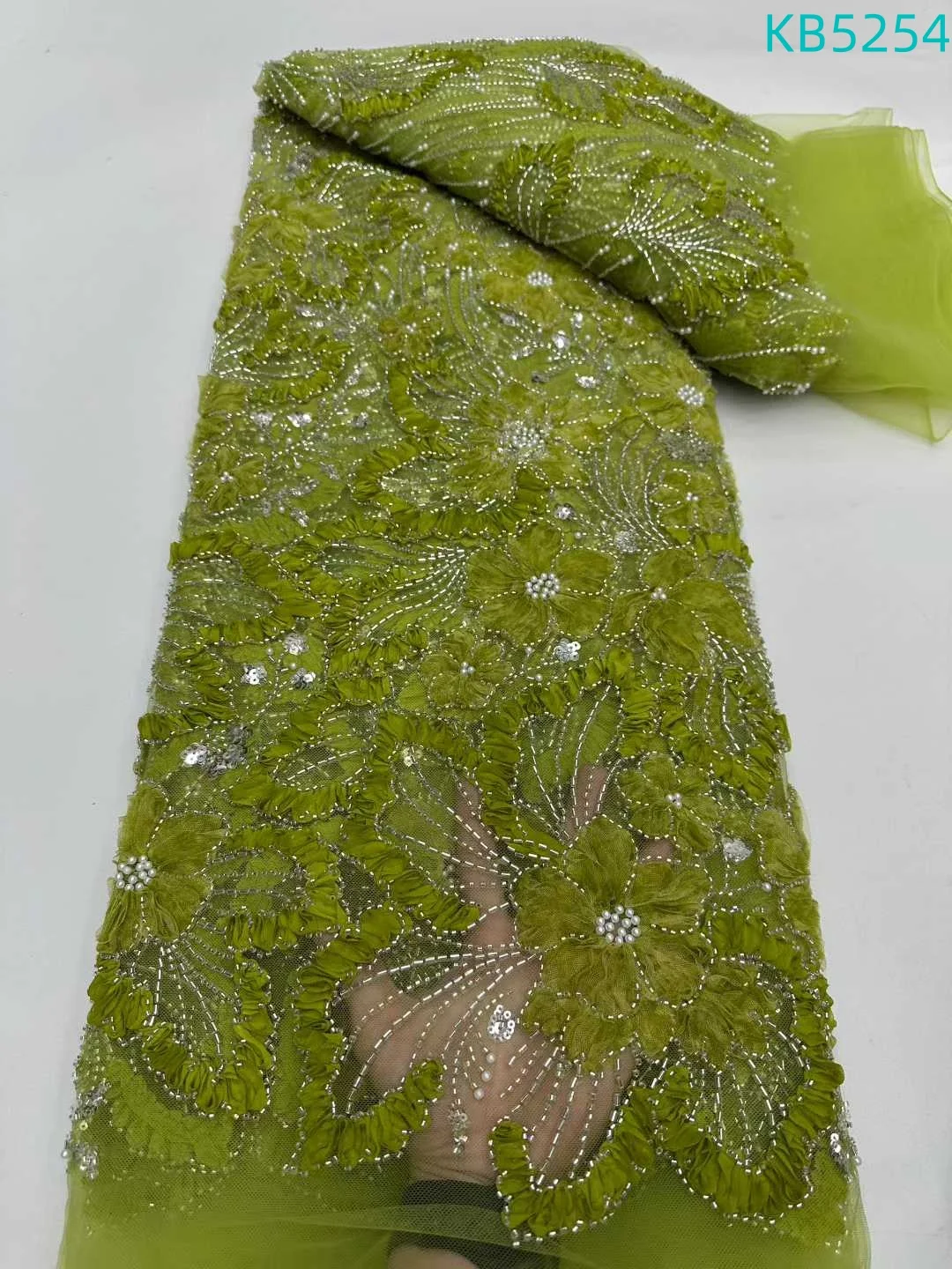 

African Green Sequins Lace Fabric High Quality Nigerian Beaded French Mesh Tulle Lace Embroidery Lace Beaded For Sewing KB5254