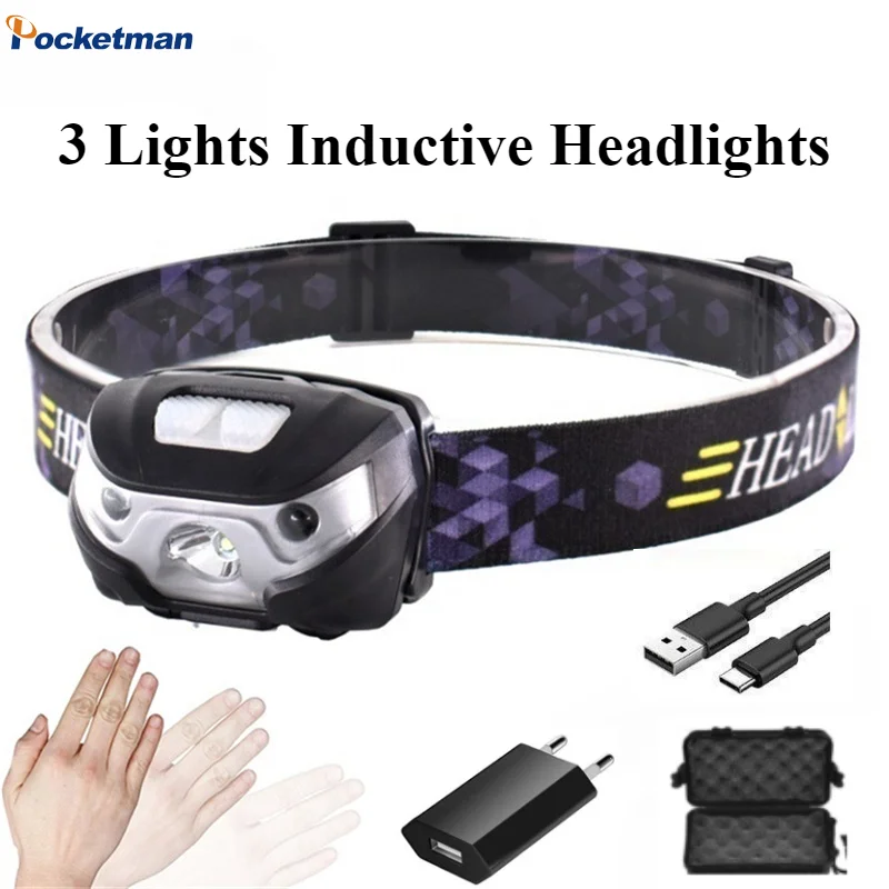 

USB Mini LED Rechargeable Headlamp Motion Sensor Headlight Waterproof Camping Flashlight Portable Head Light Torch Lamp