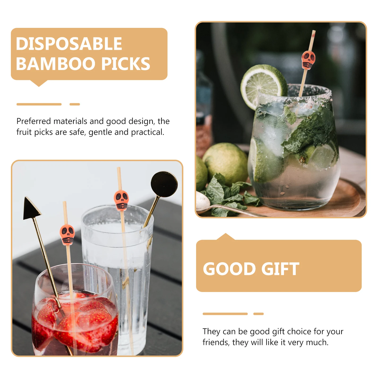 

200pcs Skull Head Design Fruit Picks Bamboo Cocktail Sticks Party Supplies Halloween Wine Decor Disposable Food Sticks Sushi