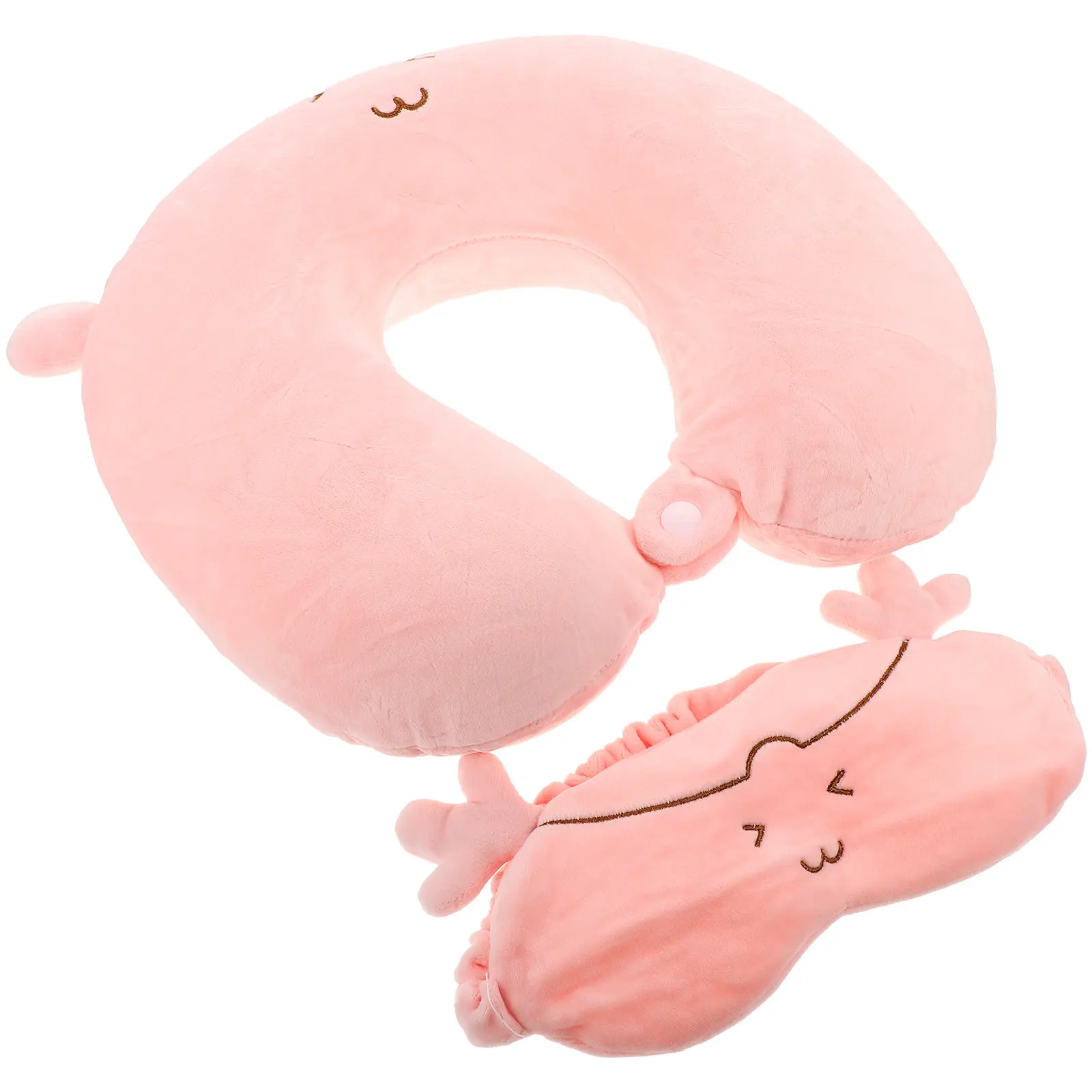 1Set Memory Foam Neck Pillow Cartoon U-Shaped Travel Pillow Eye Patch Snap Fastener Comfortable Neck Support